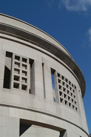 Detail of the 14th Street facade of the United States Holocaust Memorial Museum.