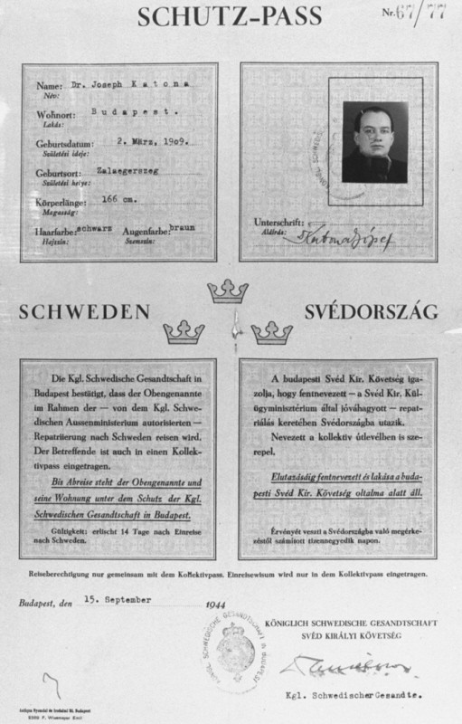 Swedish protective pass issued to Joseph Katona, the Chief Rabbi of Budapest. [LCID: 67062]