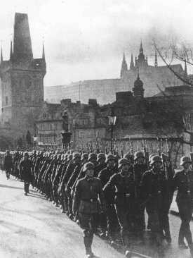 German occupation troops march through the streets of Prague. [LCID: 80599]
