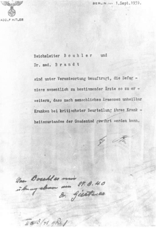 Adolf Hitler's authorization for the Euthanasia Program (Operation T4), signed in October 1939 but dated September 1, 1939.