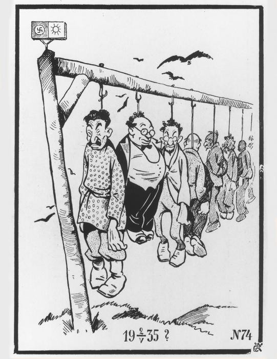 Cartoon depicting Jews, communists and other enemies of the Nazis hanging on a gallows