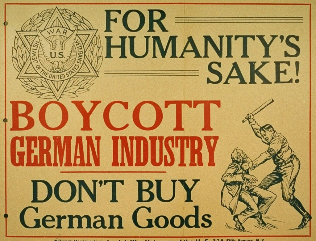 Poster (issued by the Jewish War Veterans of the United States) calling for a boycott of German goods. [LCID: 89404]