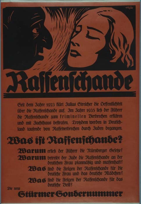 This image shows a 1935 poster by the antisemitic Der Stürmer (Attacker) newspaper. The poster justifies prohibiting “interracial” relationships between Jews and non-Jews under the Nuremberg Race Laws.
Many Germans reported suspicions of the “crime” of interracial relationships to the police. The police needed the public to be their “eyes and ears” in this and other matters. Informers were variously motivated by political beliefs, personal prejudices, the desire to settle petty quarrels, or the patriotic desire to be a “good citizen.”
“Everyone cringes with fear,” Jewish professor Victor Klemperer wrote in his diary in August 1933. “No letter, no telephone conversation, no word on the street is safe anymore. Everyone fears the next person may be an informer.”
The poster text reads: “Defiling the Race. Since 1923, Julius Streicher has enlightened the public about defiling the race. In 1935, the Führer declared defiling the race a criminal act, punishable by imprisonment. Nevertheless, thousands of race crimes continue to be committed in Germany by Jews. What is Race Pollution? Why did the Führer decree the Nuremberg Laws? Why does the Jew instigate the German woman to race defilement, systematically and on a mass scale? What are the consequences of defiling the race  for the German woman and the German girl? What are the consequences of race defilement for the German Nation? The new Stürmer special issue.”