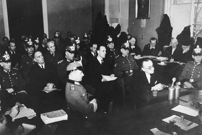 Participants in the July 1944 plot to assassinate Hitler and members of the "Kreisau Circle" resistance group on trial before the People's Court.