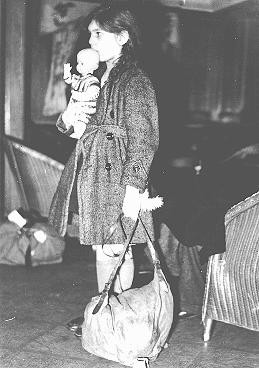 Refugee girl, part of a Children's Transport (Kindertransport), shortly after arrival in Harwich.