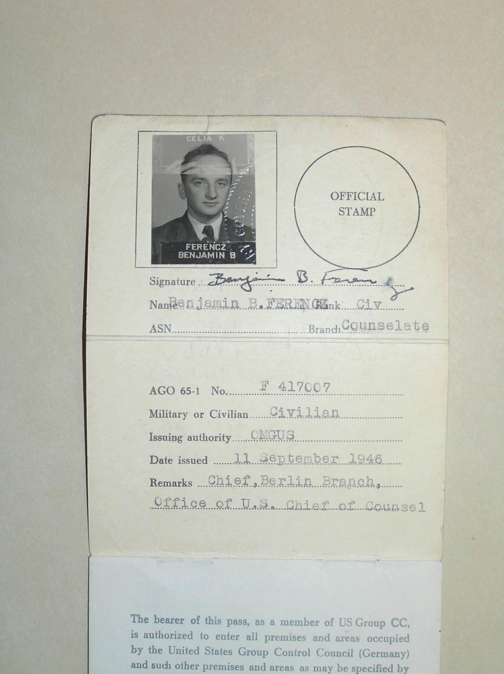 Ben Ferencz's pass [LCID: 2005ku0z]