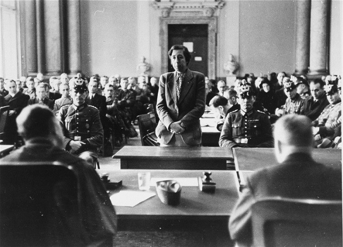 Participants in the July 1944 plot to assassinate Hitler stand trial before the People's Court of Berlin.