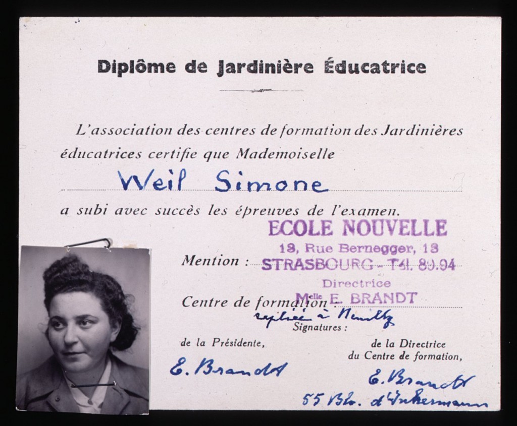 Simone Weil's kindergarten teacher certification [LCID: 19982dct]