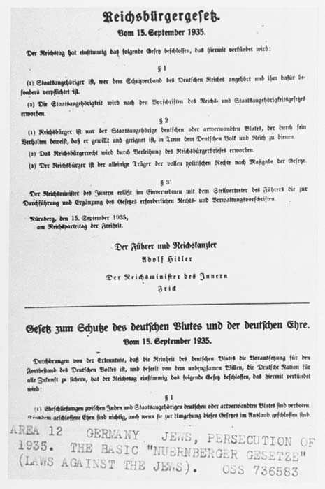 Samples of the Nuremberg Race Laws (the Reich Citizenship Law and the Law for the Protection of German Blood and Honor). [LCID: 73901]