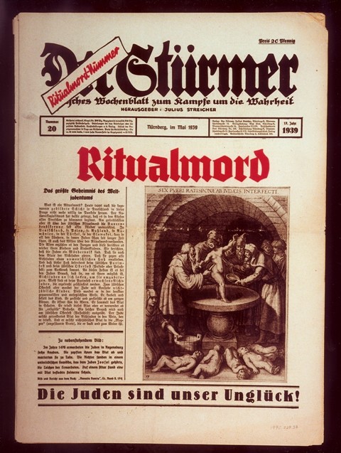 Front page of the most popular issue ever of the Nazi publication, Der Stürmer, with a reprint of a medieval depiction of a purported ritual murder committed by Jews.