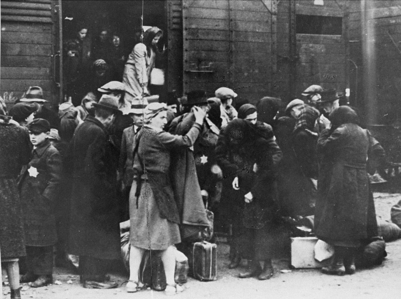 A transport of Jews from Hungary arrives at Auschwitz-Birkenau. Poland, May 1944.