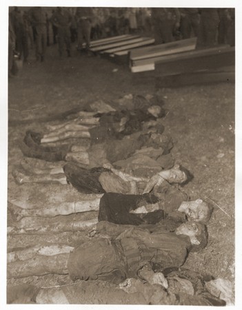 The bodies of Jewish women exhumed from a mass grave near Volary. [LCID: 24684]