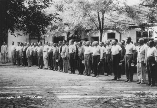 With bowls in hand, conscripts of a Jewish Hungarian labor unit wait for food.