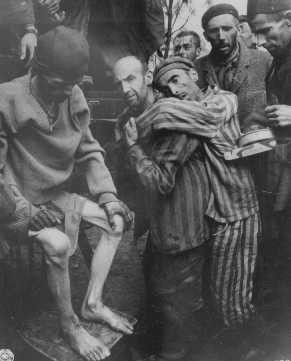 Former prisoners of Wöbbelin, a subcamp of Neuengamme, are taken to a hospital for medical attention.