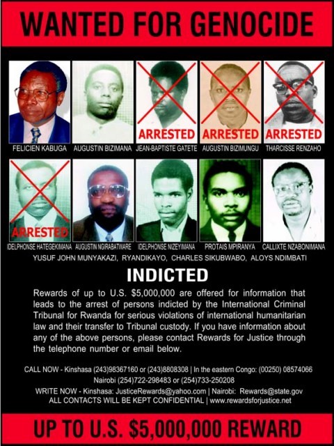 Wanted poster, published by the Rewards for Justice program, seeking key perpetrators who have been indicted by the International Criminal Tribunal for Rwanda (ICTR).