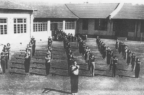Physical education class at a Jewish refugee school.
