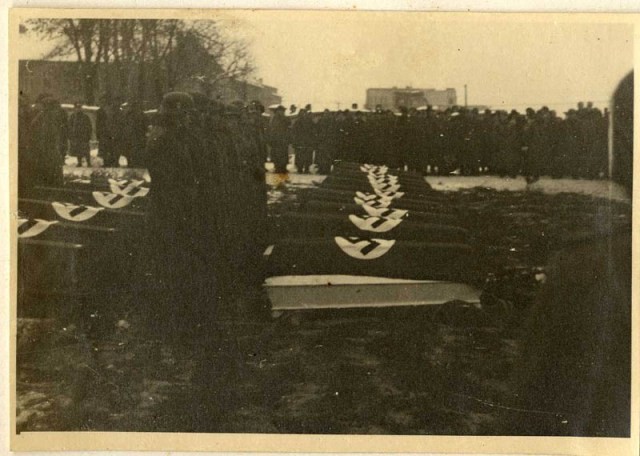 The funeral of SS officers killed in the December 26, 1944, Allied bombing of Auschwitz.