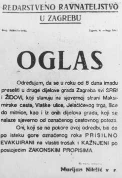 An order to Jews and Serbs from the Croatian nationalist Ustasa government to move out of certain city neighborhoods. [LCID: 78502]