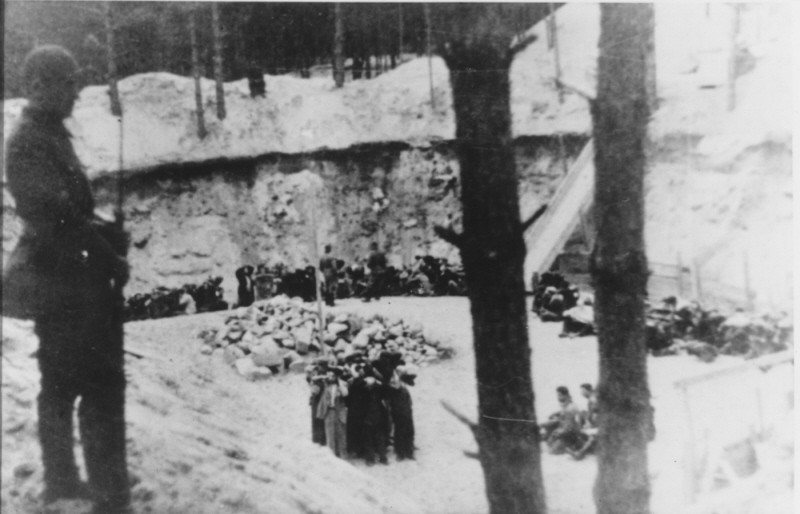 Lithuanian collaborators guard Jews before their execution.