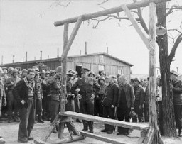 During an official tour of the newly liberated Ohrdruf concentration camp, an Austrian Jewish survivor describes to General Dwight Eisenhower and the members of his entourage the use of the gallows in the camp. Among those pictured is Jules Grad, correspondent for the US Army newspaper Stars and Stripes (on the right). Ohrdruf, Germany, April 12, 1945.