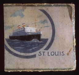 Photo album containing photographs taken by a passenger aboard the St. Louis, with a depiction of the ship on the cover. In 1939, this German ocean liner carried Jewish refugees seeking temporary refuge in Cuba. It was forced to return to Europe after Cuba refused to allow the refugees entry into the country.