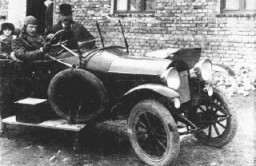 Oskar Schindler (at wheel) with his father, Hans. Svitavy (Zwittau), Czechoslovakia, 1929.
