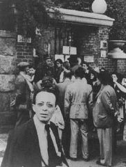 Hungarian Jews wait in front of the Swedish legation main office in hopes of obtaining Swedish protective passes. Budapest, Hungary, 1944.
Photograph taken by Tom Veres, who was active in Raoul Wallenberg's efforts to rescue the Jews of Budapest.