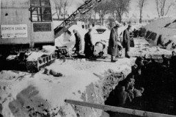 سجناء أثناء العمل بالسخرة يحفرون خندقًا للتصريف أو للبالوعات في محتشد أوشفيتز. أوشفيتز، بولندا، عام 1942-1943.