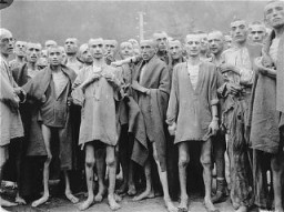 Prisoners at the time of liberation of the Ebensee camp, a subcamp of the Mauthausen concentration camp. This photograph was taken by US Army Signal Corps photographer Arnold E. Samuelson. Austria, May 7, 1945.