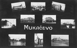 Postcard depicting sights in Munkacs. Czechoslovakia, 1938.
