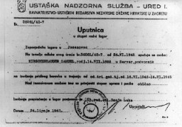This document is a referral slip that ordered the individual names, Samuel Hirschenhauser, to the Jasenovac camp in Croatia. June 24, 1942.