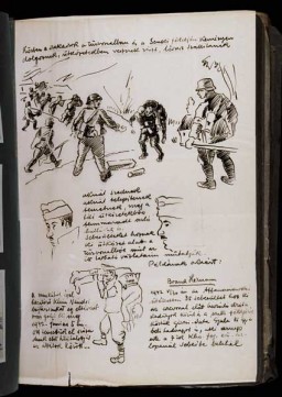 A page of drawings illustrating the contribution of Jewish Labor Servicemen to the war effort. At the top: "The different platoons work hard at the battle front and in the no man's land [between the armies]. They actively participate in the fighting. They carry ammunition to the Hungarian soldiers." In the middle: "They defuse land mines. They bury the dead, including those that had been left unburied from the winter campaign. They carry soldiers wounded on the front lines to safety." At the bottom: "For example, [Jewish Labor Serviceman] Herman Brand carried 35 wounded soldiers from the barbed wire barricades and from no man's land on May 30, 1942 during the Afanasyevica skirmish. Among those he carried was Gyula Gercsi-Suta, age 35, a lieutenant, who succumbed to his wounds at the field hospital that evening." [Photograph #58014]