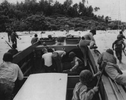 US troops land on Guadalcanal, in the Solomon Islands groups. Guadalcanal was the focus of crucial battles in 1942–43. American victory in the Solomons halted the Japanese advance in the South Pacific. Guadalcanal, date uncertain.