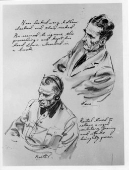 Courtroom sketch drawn during the International Military Tribunal by American artist Edward Vebell. The drawing depicts defendants Rudolf Hess and Wilhelm Keitel, with this accompanying text: "Hess looked very hollow cheeked and thin necked. He seemed to ignore the proceedings and kept his head down, absorbed in a book. Keitel tried to retain a rigid military bearing and strike haughty poses." Nuremberg, Germany, 1945.