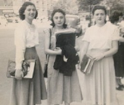 Regina (left) with two friends at Thomas Jefferson High School, Brooklyn, New York, 1948.
