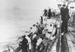 German naval officer Martin Niemöller (top, foreground) commands a U-Boat during World War I. Flensburg, Germany , ca. 1914–17.