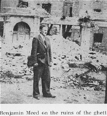 While living in hiding on the Aryan side of Warsaw, Benjamin Miedzyrzecki (Ben Meed) returns to the site of the Warsaw ghetto, where he poses among the ruins. Warsaw, Poland, 1944.