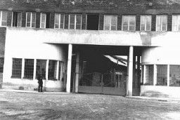 View of the entrance to Oskar Schindler's enamel works in Zablocie, a suburb of Krakow. Poland, 1939-1944.