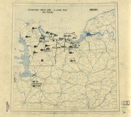 Dated June 6, 1944, this US Twelfth Army Group situation map shows the presumed locations of Allied and Axis forces on D-Day, when Allied troops landed on the beaches of Normandy. Drafted during the war, the content in this historical map reflects the information that operational commander, General Omar N. Bradley, would have had on hand at the time.