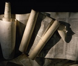 These Torah scrolls, one from a synagogue in Vienna and the other from Marburg, were desecrated during Kristallnacht (the "Night of Broken Glass"), the violent anti-Jewish pogrom of November 9 and 10, 1938. The pogrom occurred throughout Germany, which by then included both Austria and the Sudetenland region of Czechoslovakia. The scrolls pictured here were retrieved by German individuals and safeguarded until after the war.