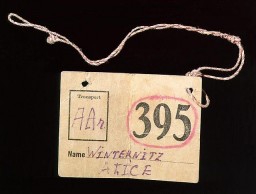 This paper tag identified bedding belonging to Alice (Lisl) Winternitz when she was deported from Prague, Czechoslovakia, to the Theresienstadt ghetto in June 1942.