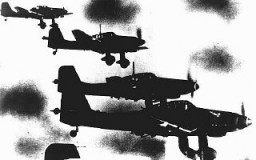 German Stuka dive-bombers fly over Yugoslavia during the German invasion of Yugoslavia, which began on April 6, 1941. Yugoslavia, ca. April 6, 1941.