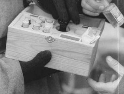 سربازان روس جعبه حاوی سم را که در آزمایش های پزشکی مورد استفاده قرار گرفته بود مورد بازرسی قرار می دهند. آشویتس، لهستان، پس از 27 ژانویه 1945.