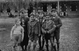 Jewish refugee boys at the Maison des Pupilles de la Nation children's home in Aspet. These children reached the home through the efforts of the Children's Aid Society (Oeuvre de Secours aux Enfants; OSE) and the American Friends Service Committee. Aspet, France, ca. 1942.