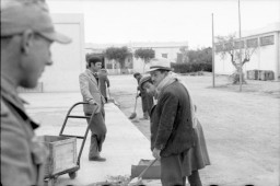As a German soldier looks on, Tunisian Jews are forced to sweep the street and move a wooden crate on a hand cart. Tunisia, 1942-43.
Photograph courtesy of Bundesarchiv, German Federal Archives