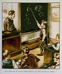 Una ilustración de un libro antisemita alemán para niños, DER GIFTPILZ (El hongo venenoso), publicado en Nuremberg, Alemania en 1935. El título lee: "La nariz judía es torcida, parece un 6".