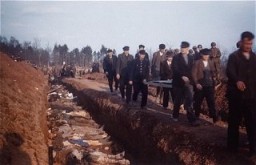 German civilians from the town of Nordhausen carry the bodies of prisoners found in the Nordhausen concentration camp to mass graves for burial. Nordhausen, Germany, April 13-14, 1945.