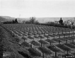 Cemitério em Hadamar onde vítimas de extermínio por eutanásia eram enterradas. Esta fotografia foi tirada pouco antes do fim da guerra. Hadamar, Alemanha, abril de 1945.