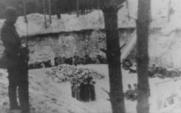 المتعاونون الليتوانيون يحرسون اليهود قبل إعدامهم. بوناري، يونيو إلى يوليو، عام 1941.