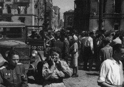 Soviet soldiers in a street in the Soviet occupation zone of Berlin following the defeat of Germany. Berlin, Germany, after May 7, 1945.
